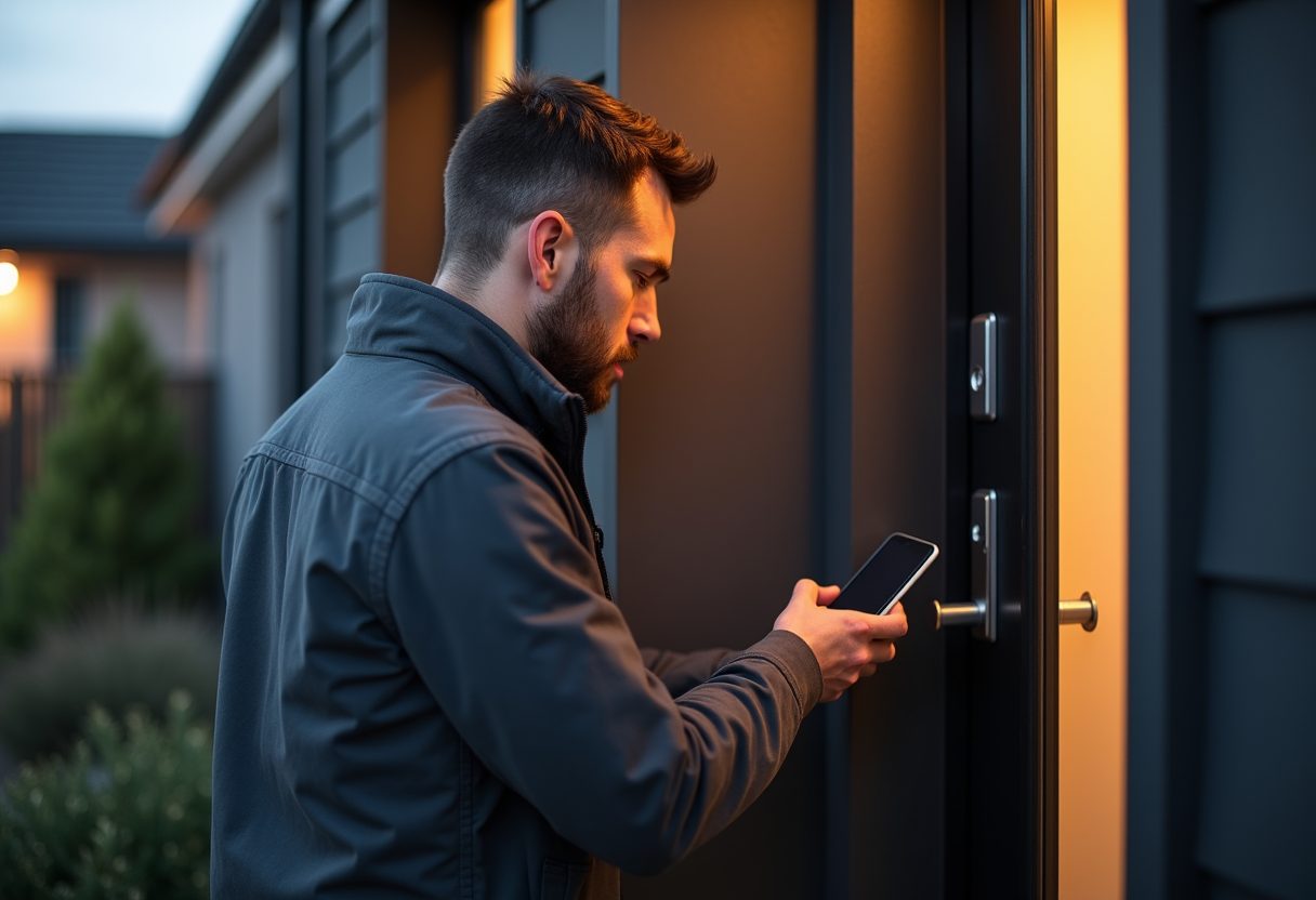 Keypad smart lock being installed on a modern front door — Pennant Hills